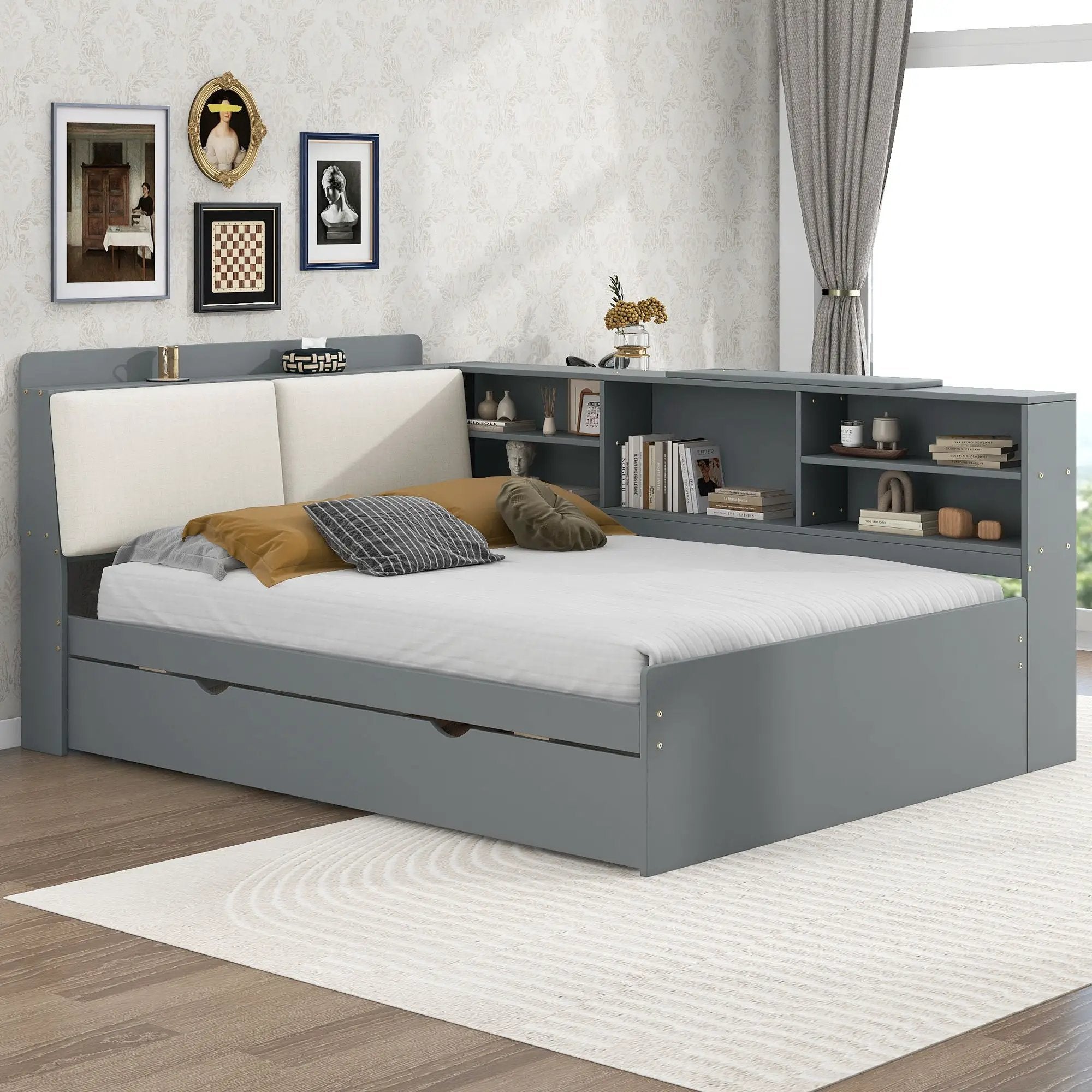 Platform Bed With Trundle, Shelves, And Storage Headboard by Unique Piece Furniture