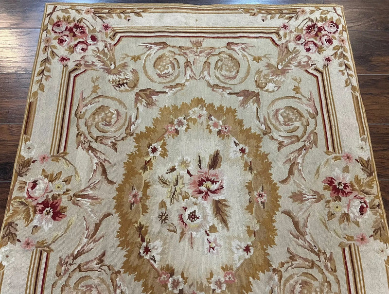 Aubusson Needlepoint Rug 4x5 ft, Beige and Tan, Aubusson Savonnerie Vintage Carpet, Handwoven Handmade Wool Rug, European Design Floral Rose by Jewel Rugs