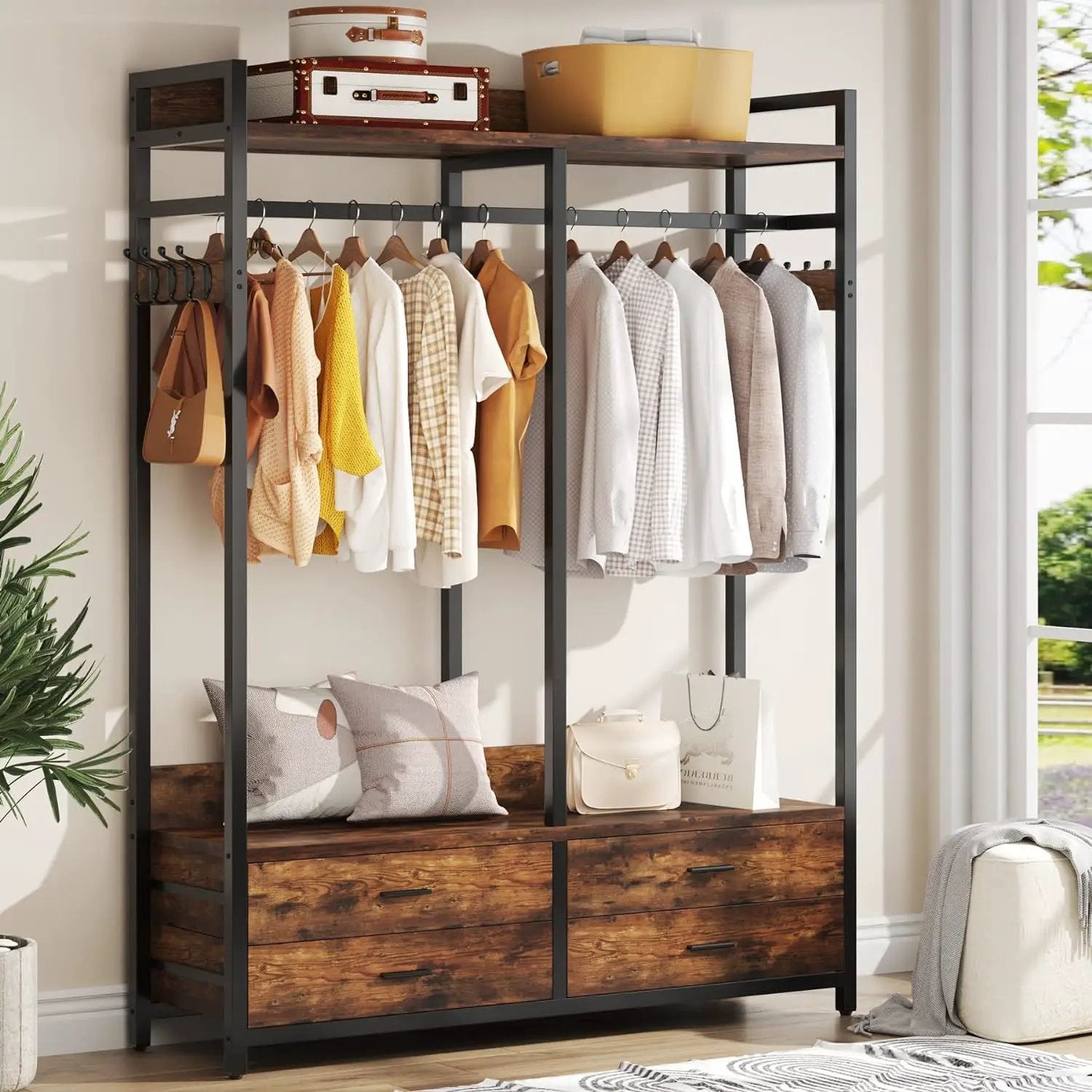 Freestanding Closet Organizer With 4 Drawers, 8 Hooks, Shelves, And Hanging Rod - Brown / Black by HouseOfZazla