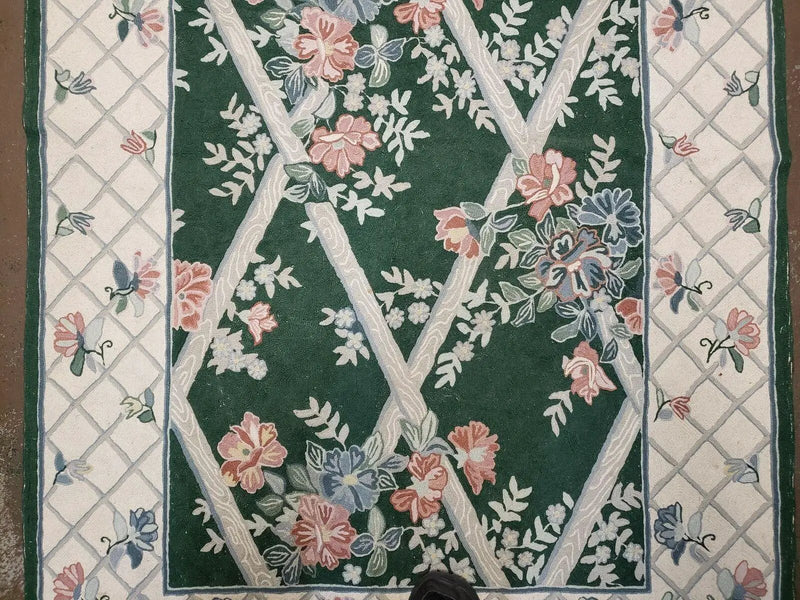 3' 6" X 5' 6" Hand Stitched Indian Wool Rug with Backing Green Beige by Jewel Rugs