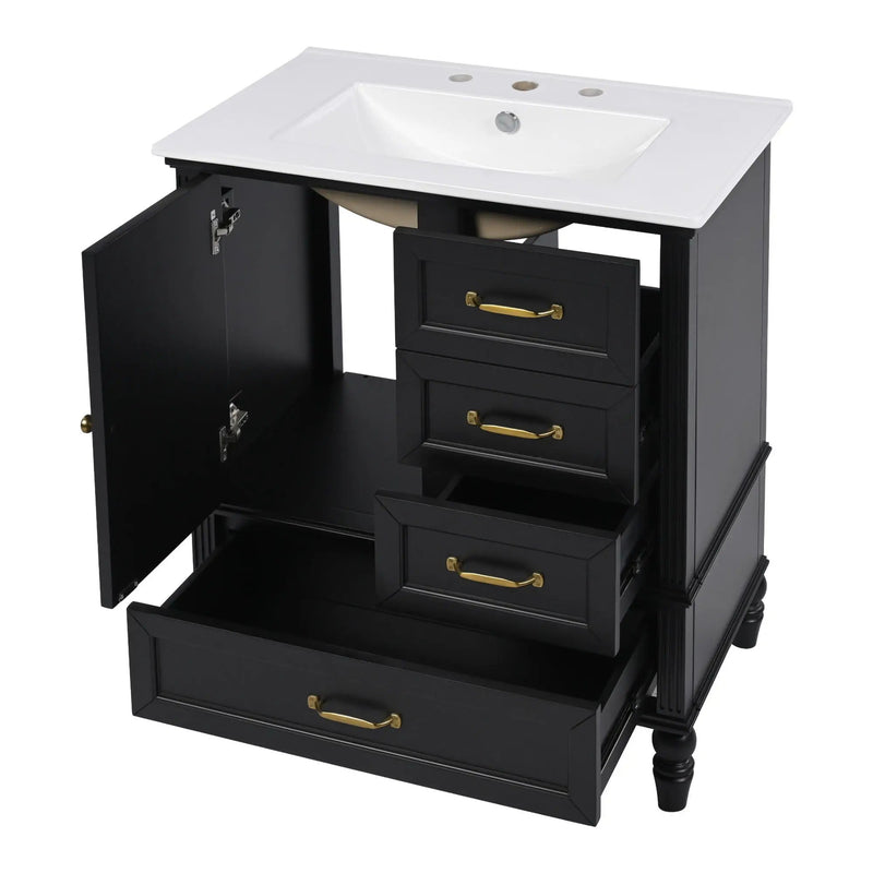 30" Bathroom Vanity With Sink, 3 Drawers, Adjustable Feet