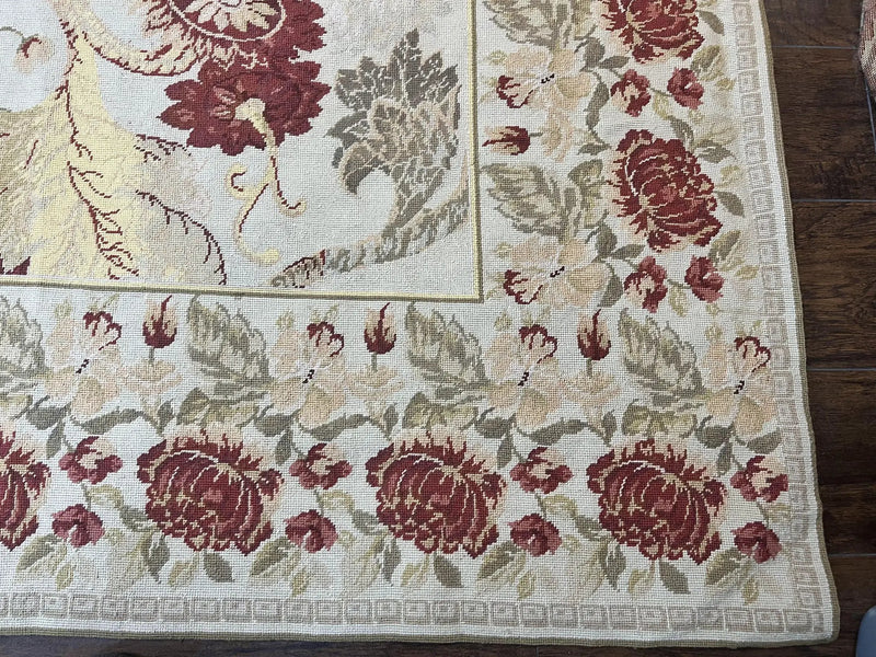 Extra Large Needlepoint Rug 14 x 20, Vintage Handwoven Handmade Wool Flatweave Carpet, Allover Floral Pattern, Elegant European Deisgn Rug by Jewel Rugs