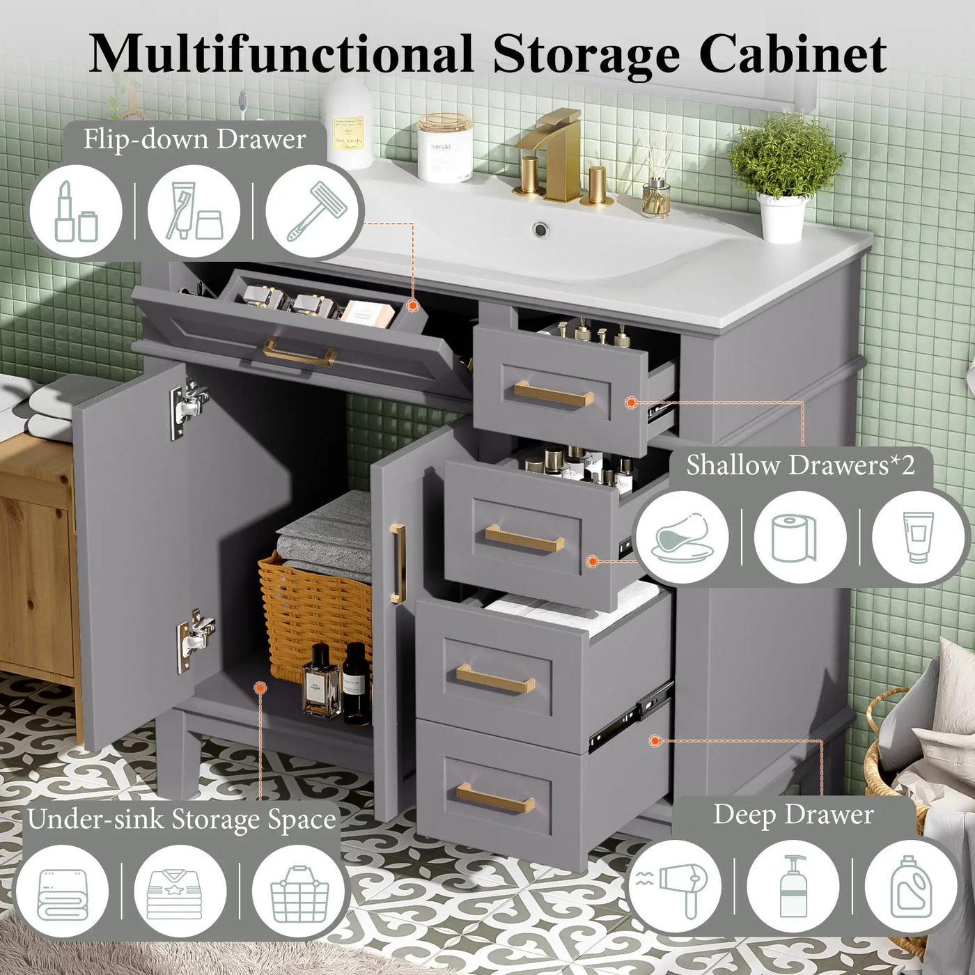Modern Bathroom Vanity With Ceramic Sink, Soft Close Storage Cabinet by Unique Piece Furniture
