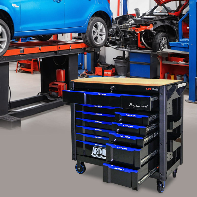 12 Layer Drawer Multi Purpose Tool Cart With Wheels And Wooden Countertops - Black / Blue by HouseOfZazla