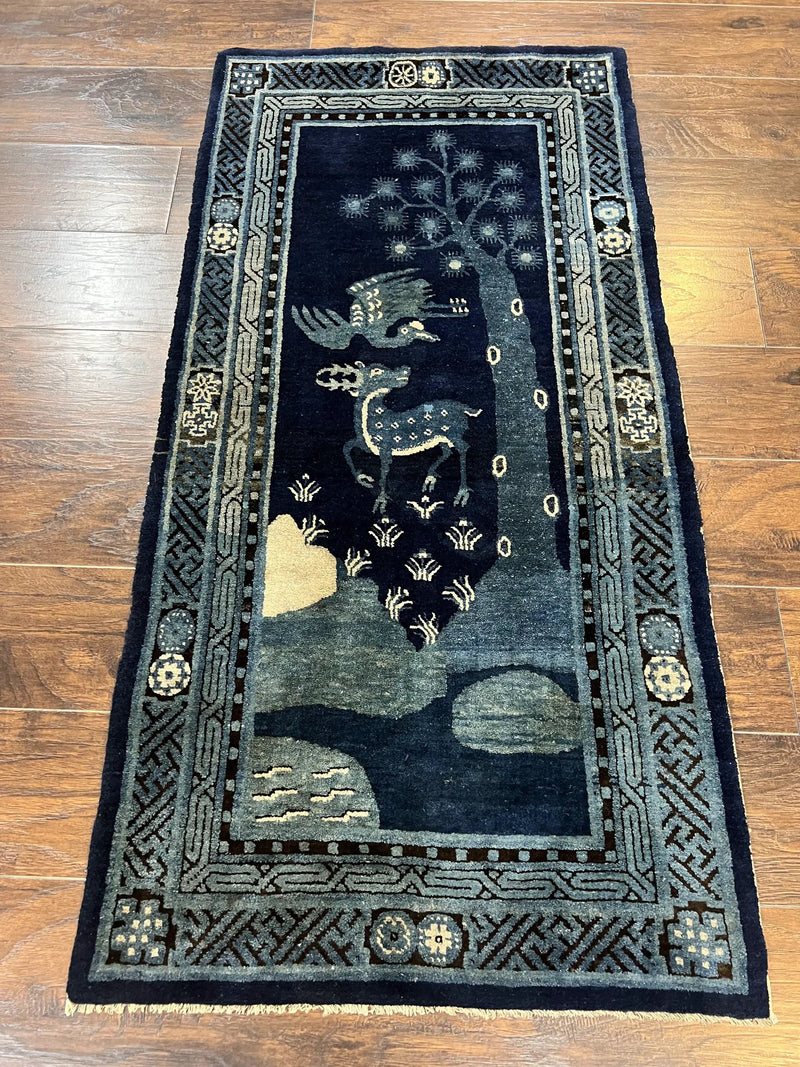Antique Chinese Peking Rug 3x5, Dark Blue Chinese Wool Rug 3 x 5, Animal Pictorials Deer Birds, Handmade Asian Oriental Chinese Carpet by Jewel Rugs