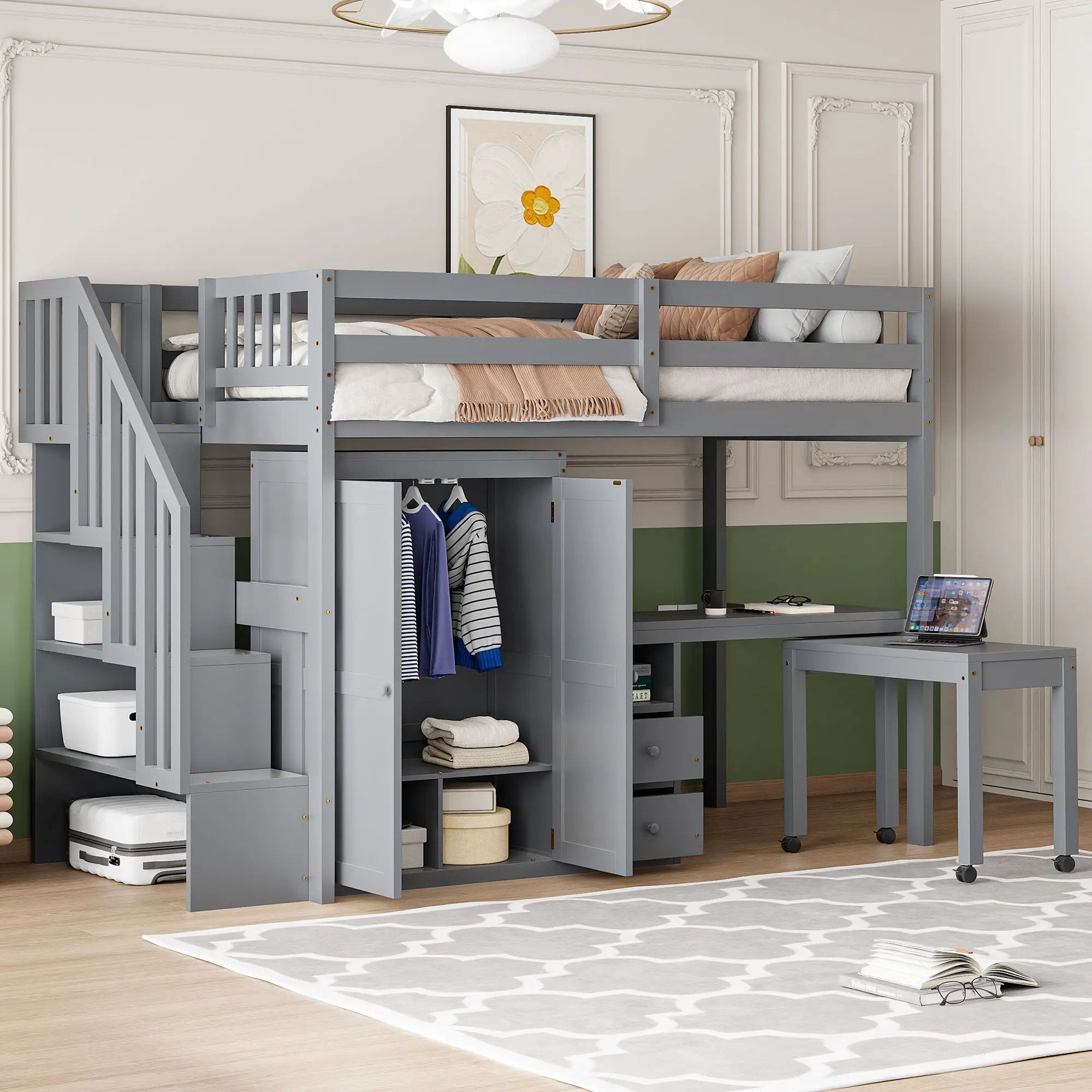 Loft Bed With Stairs, Bookshelf, Drawers, Desk & Wardrobe, Space Saving Multifunctional Furniture by HouseOfZazla