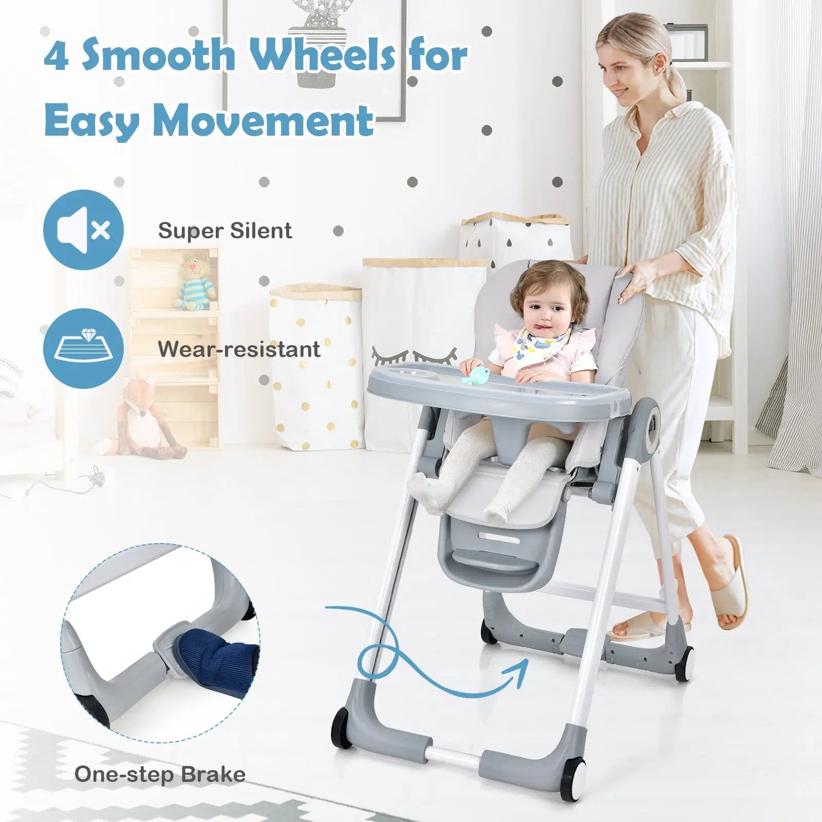 Baby Folding Convertible High Chair with Wheels and Adjustable Height by DirectDeals