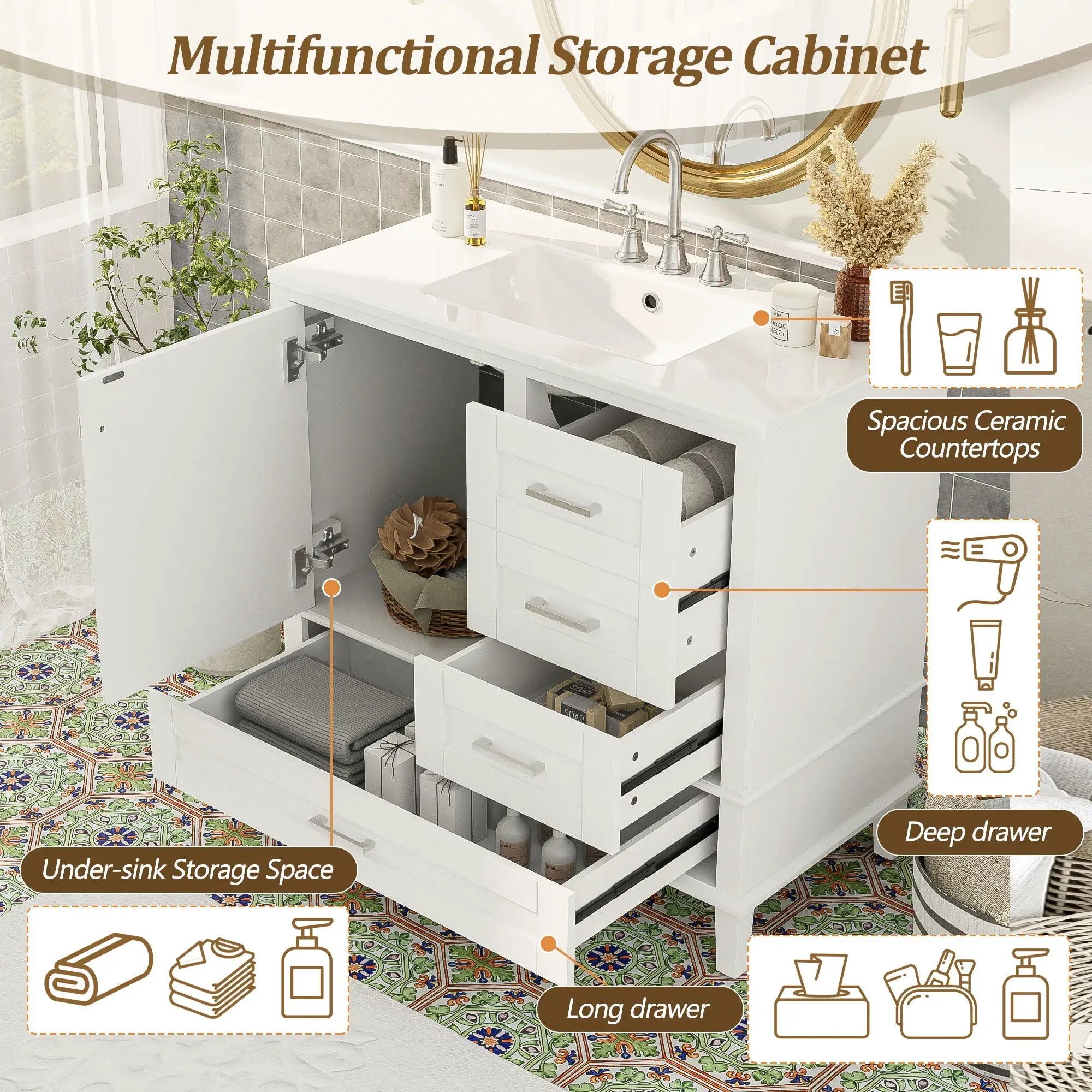 Bathroom Vanity, Modern Bathroom Cabinet With Sink Combo Set, Bathroom Storage Cabinet With A Soft Closing Door And 3 Drawers, Solid Wood Frame by HouseOfZazla
