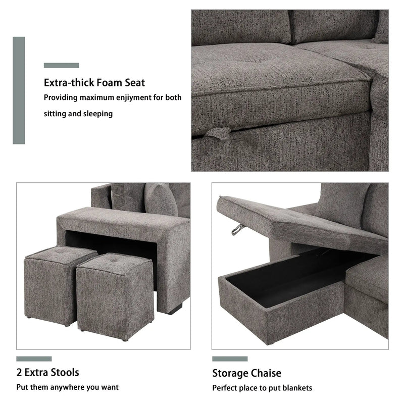 Modern L-Shape 3 Seat Reversible Sectional Couch, Pull Out Sleeper Sofa With Storage Chaise And 2 Stools For Living Room Furniture Set by HouseOfZazla