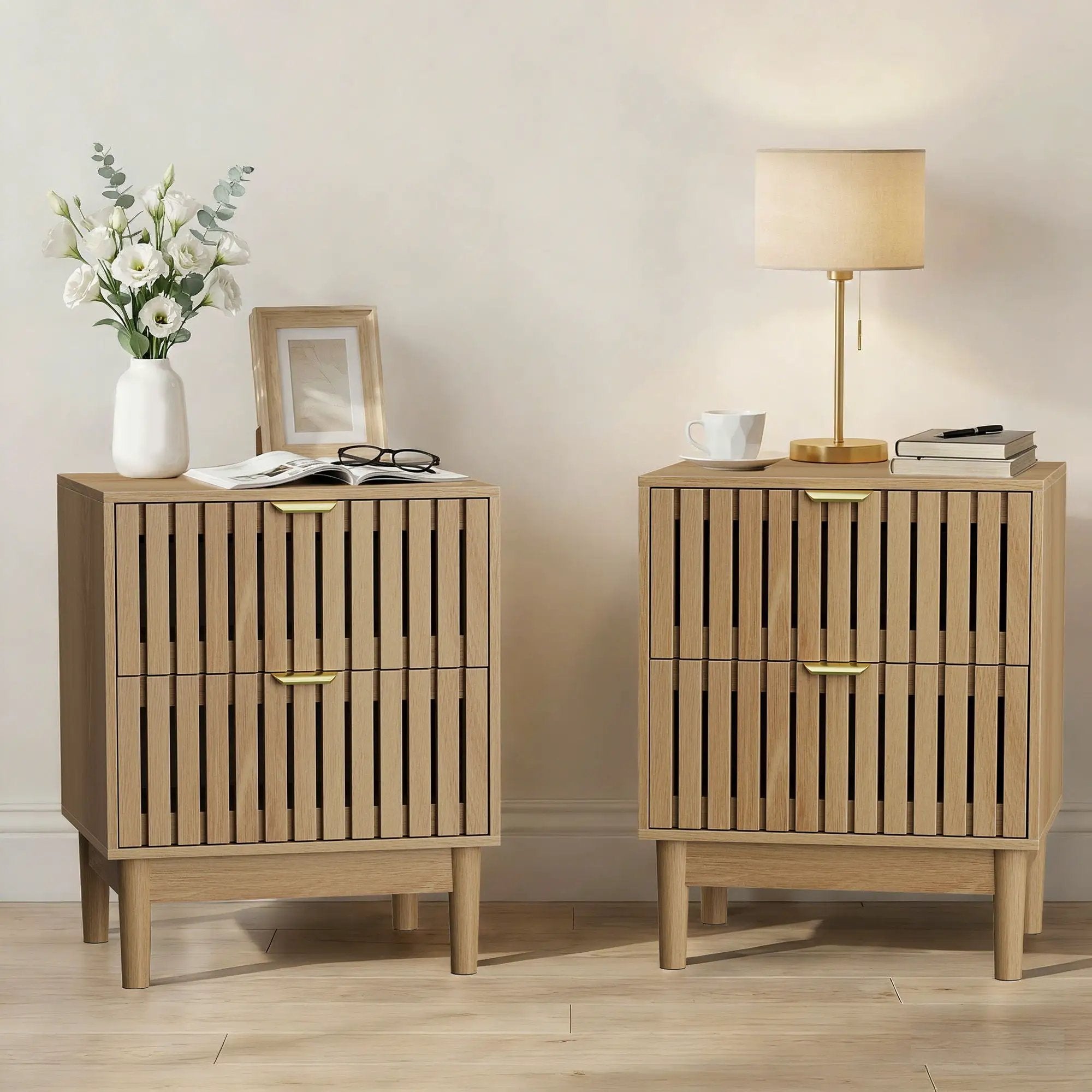 Bedside Table With Grille Design And 2 Drawers, Side Table For Bedroom - Oak by Unique Piece Furniture