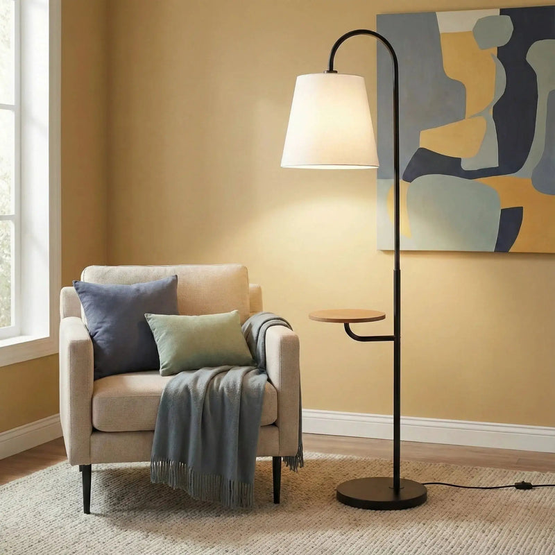 Seoul - Floor Lamp With Rotary Switch Wood Table Base - Black / White by Unique Piece Furniture