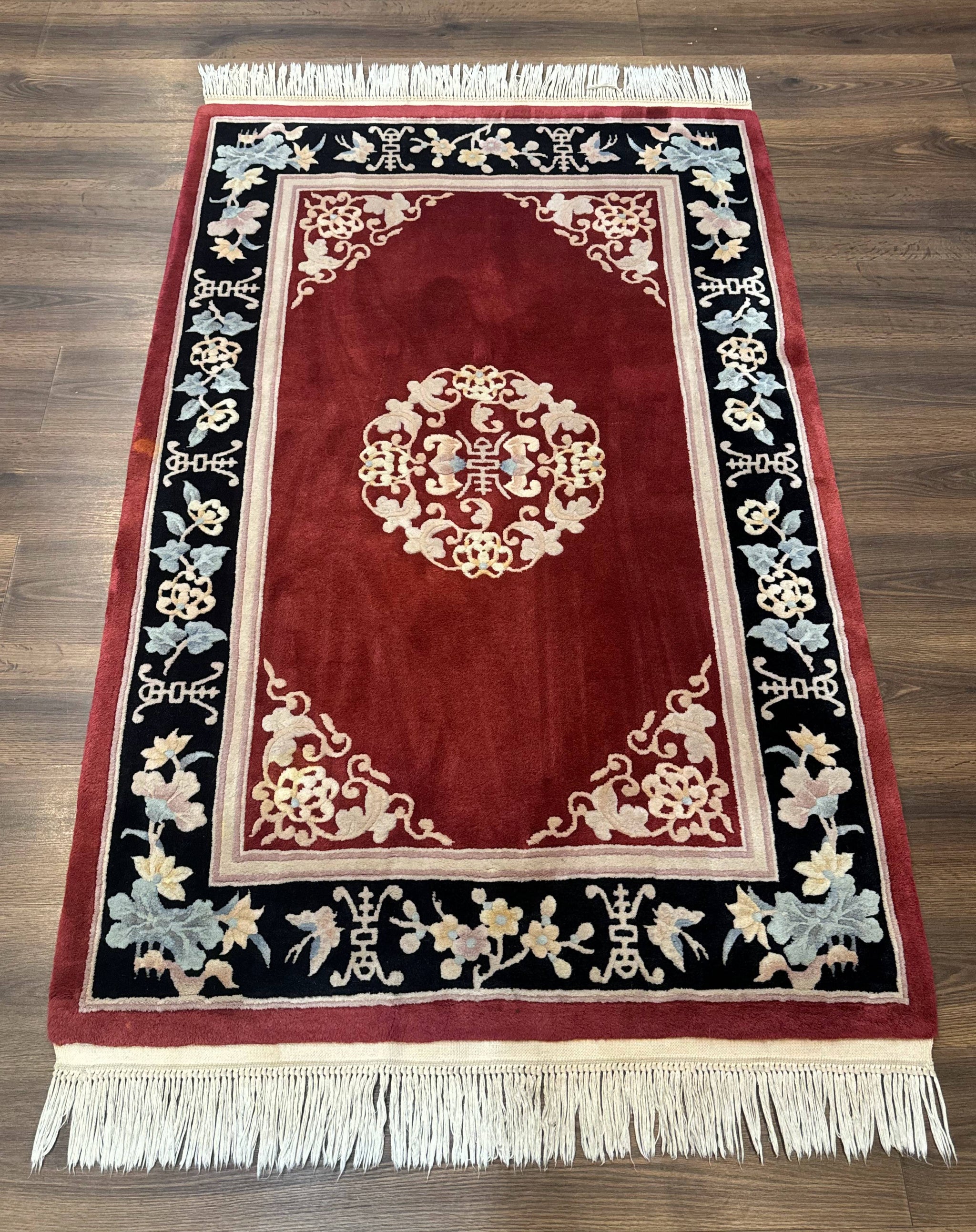 Chinese Wool Rug 4x6, Maroon and Black, Butterflies, Chinese Oriental Carpet, 90 Line Rug by Jewel Rugs
