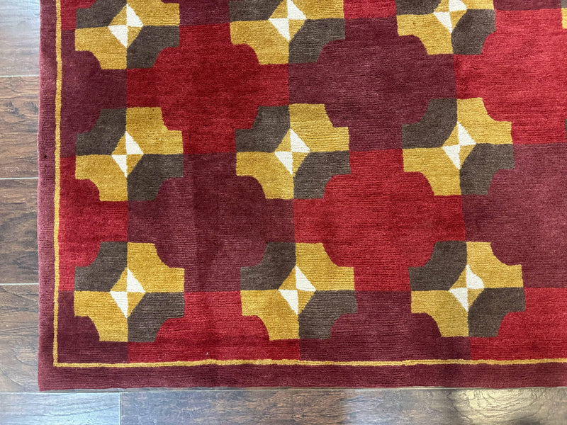 Modern Tibetan Rug 5 x 6.8, Wool, Red, Allover Pattern, Nepali Rug, Abstract Rug, Handmade Area Rug by Jewel Rugs