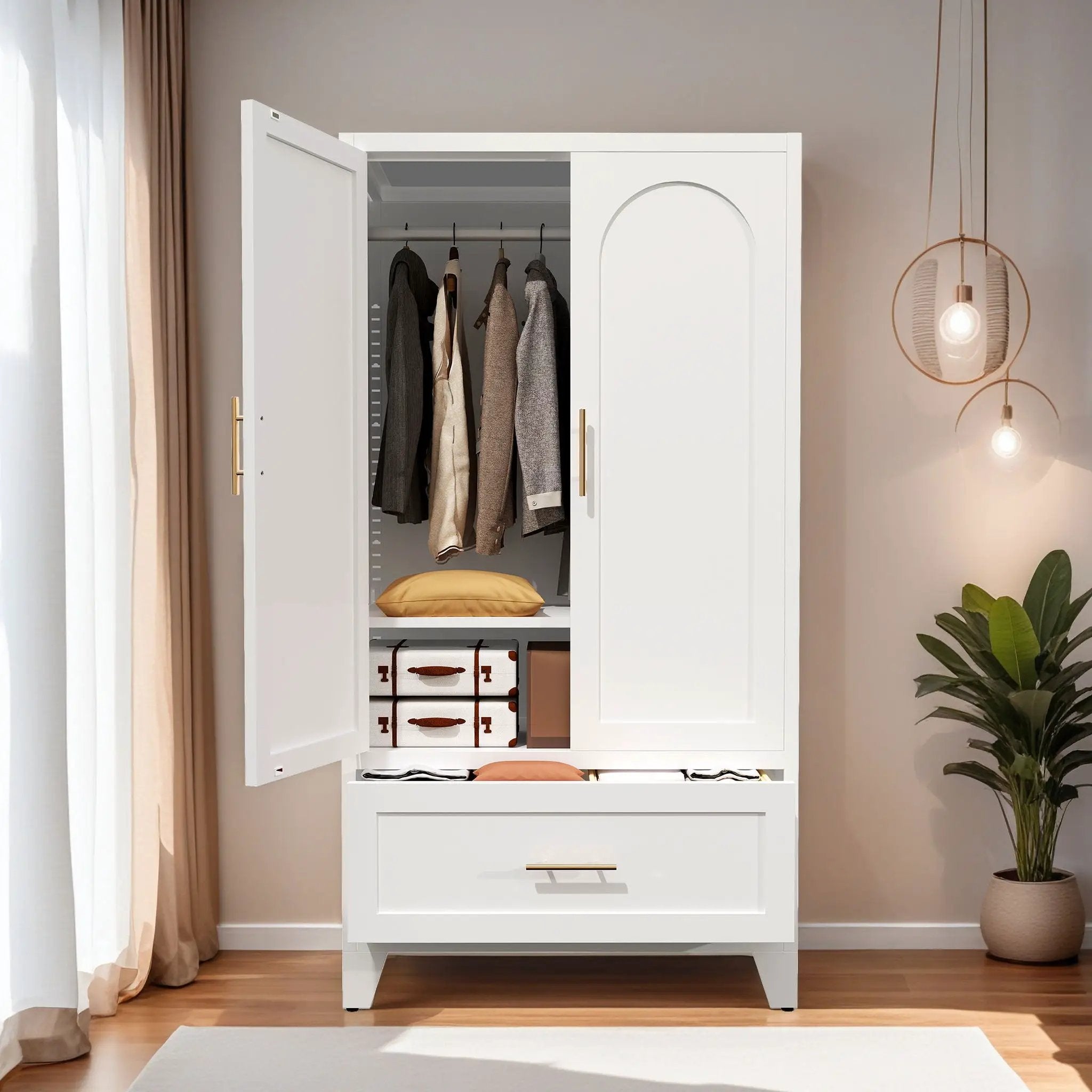 Wardrobe Cabinet With 1 Drawer And Hanging Rod, 2 Doors Closet With Shelf For Bedroom - White by Unique Piece Furniture