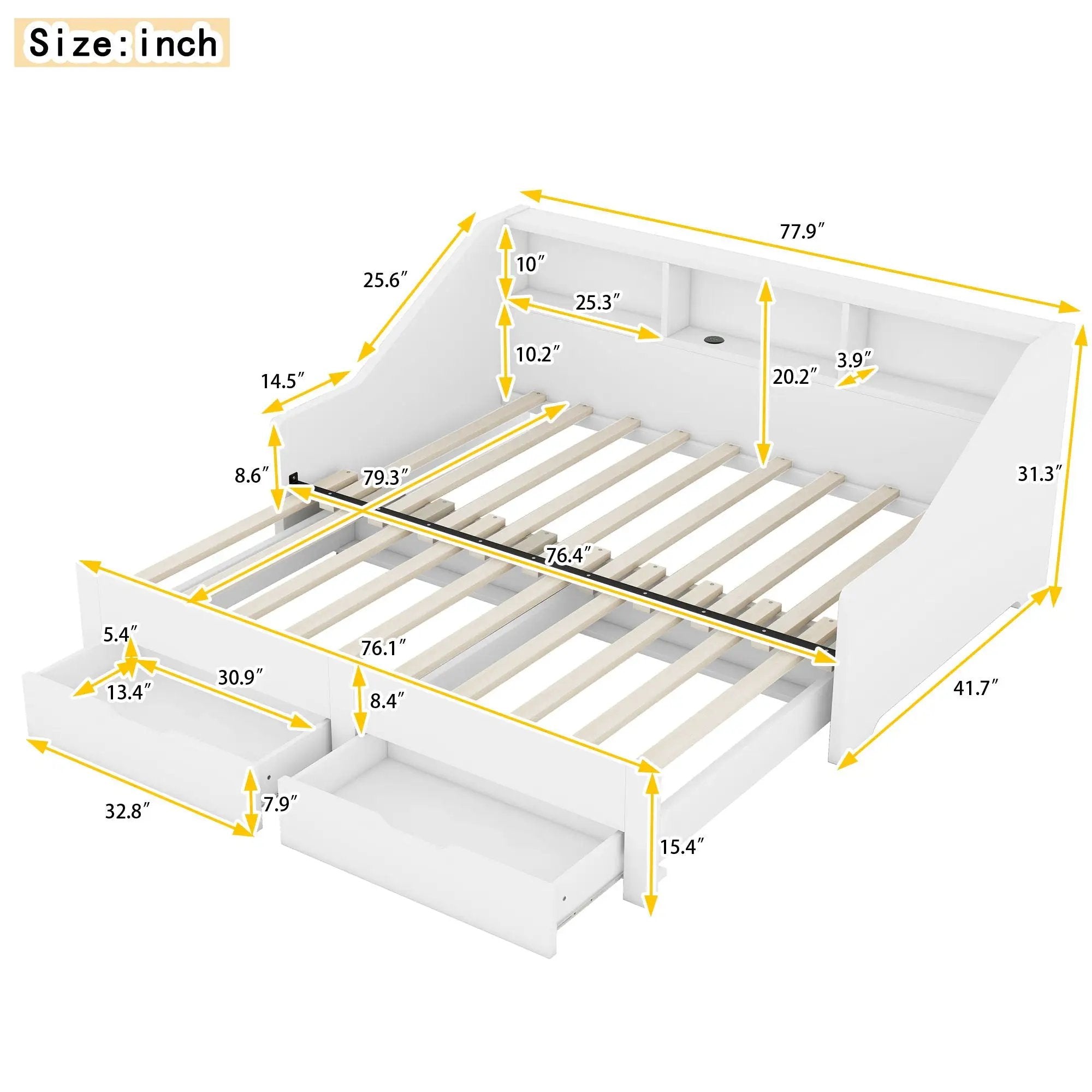 Daybed Frame With Storage Bookcases, 2 Drawers, Charging Station