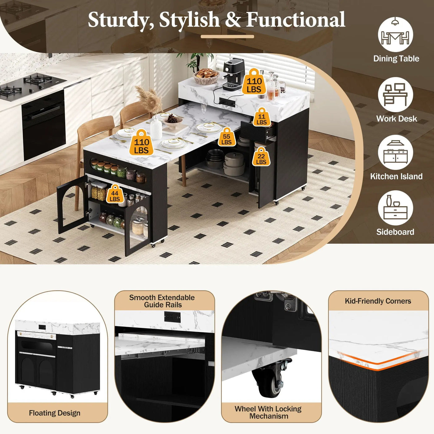 Extendable Dining Table With Folding Top, Rolling Kitchen Island With Drawers And Power Outlet by HouseOfZazla