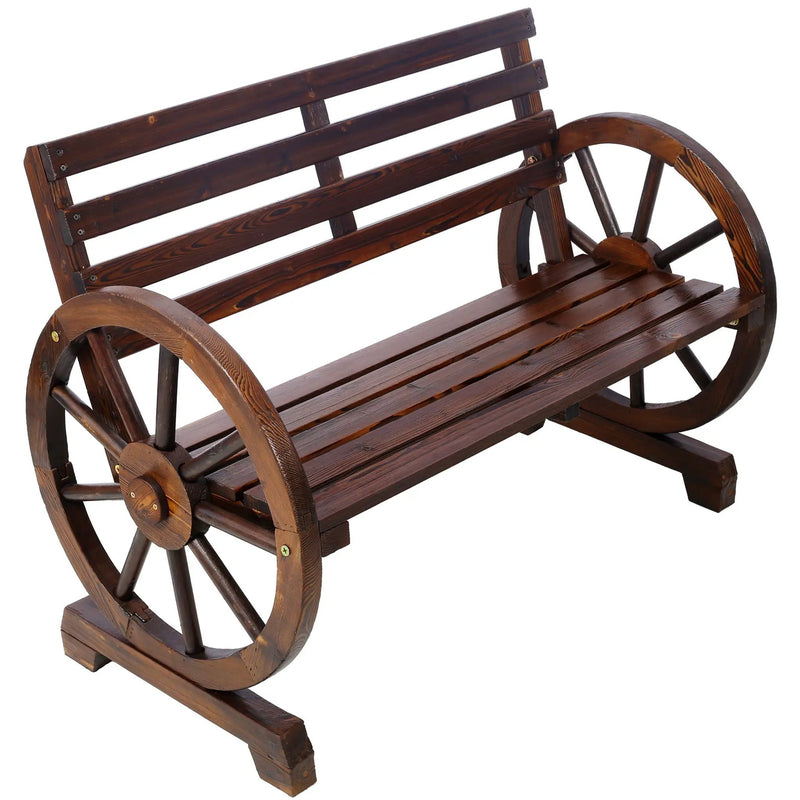 Rustic Country 2 Person Wooden Wagon Wheel Bench With Slatted Seat And Backrest - Brown by HouseOfZazla
