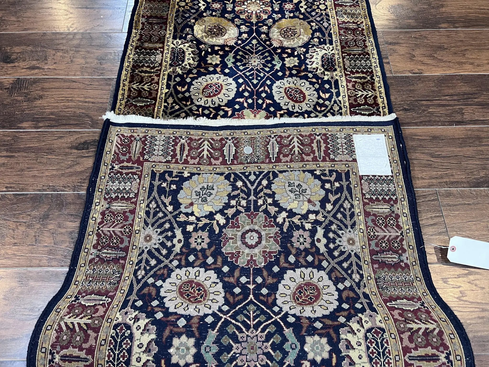 Indo Persian Runner 2.8 x 18, Long Skinny Hallway Wool Runner Rug, Hand Knotted Vintage Floral Allover Traditional Runner Dark Blue Burgundy by Jewel Rugs
