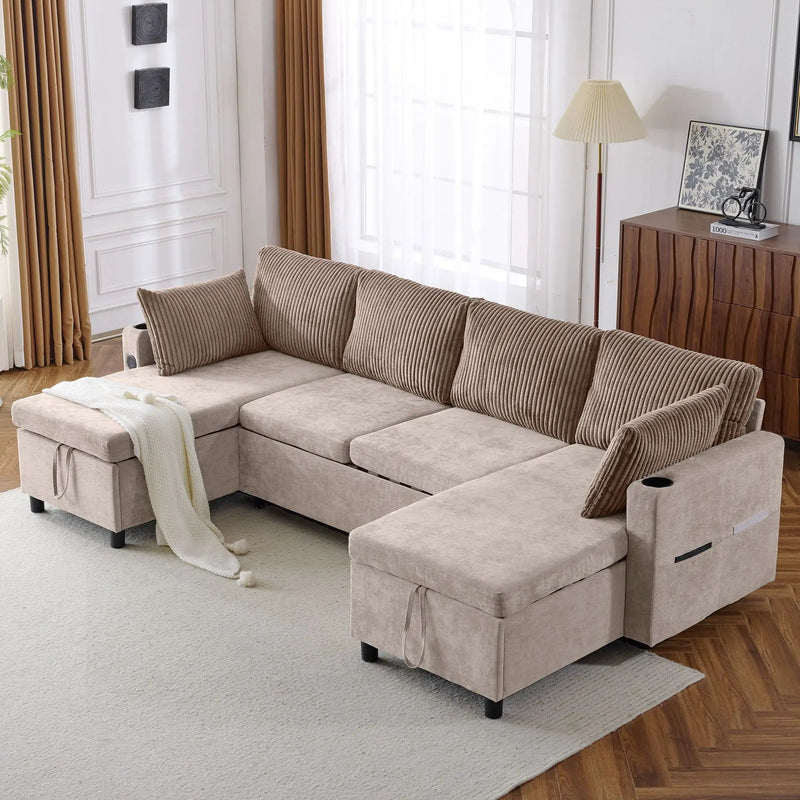 Sectional Sofa Bed With Pull Out Sleeper, USB Ports, Cup Holders by HouseOfZazla