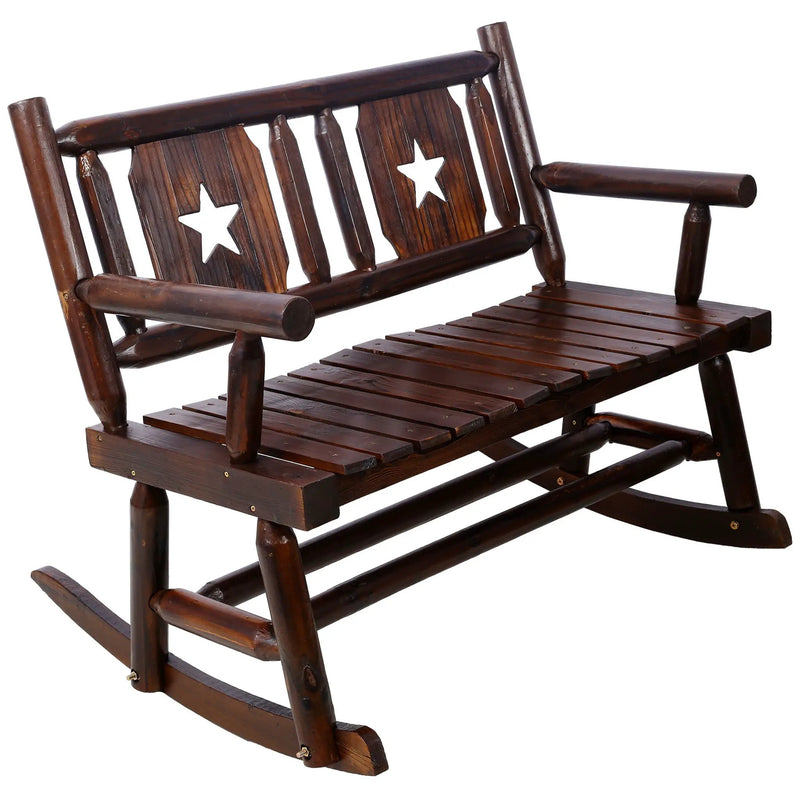 Rustic Outdoor Wood Rocking Bench Double Rocking Chair For 2 Persons With Curved Seat, Porch Rocker - Brown by Unique Piece Furniture
