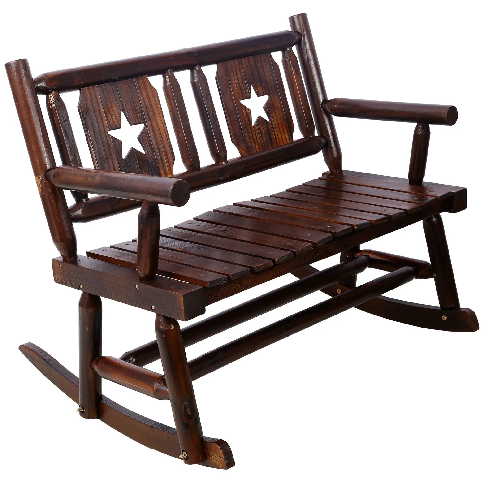 Rustic Outdoor Wood Rocking Bench Double Rocking Chair For 2 Persons With Curved Seat, Porch Rocker - Brown by HouseOfZazla