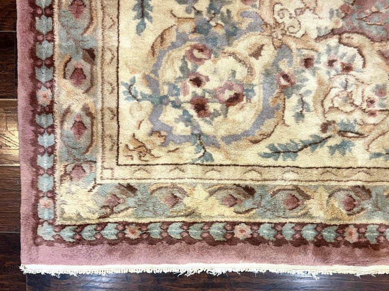 Indo Chinese Aubusson Wool Rug 10x14, Pink and Cream, Handmade Vintage Wool Carpet, Elegant European Design by Jewel Rugs