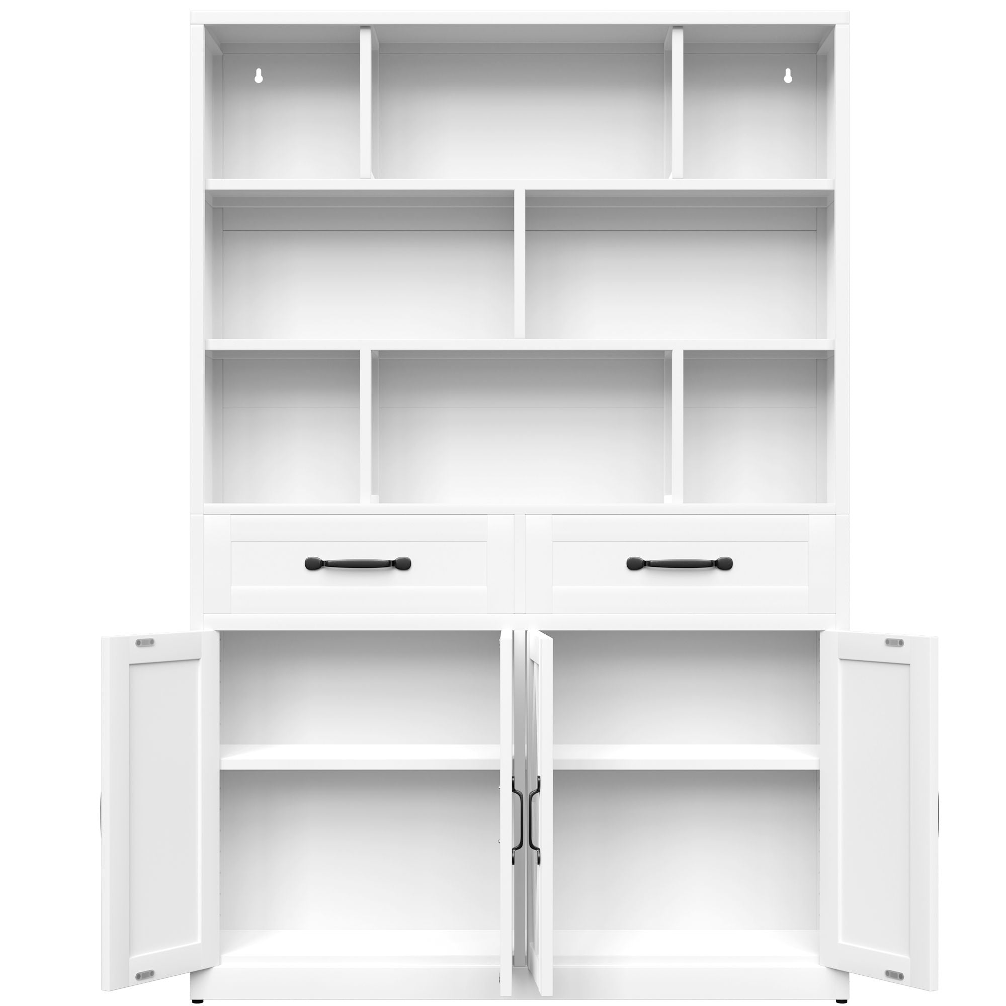 Bookcase Tall With 2 Doors & 2 Drawers, Fixed Open Shelves - White by HouseOfZazla