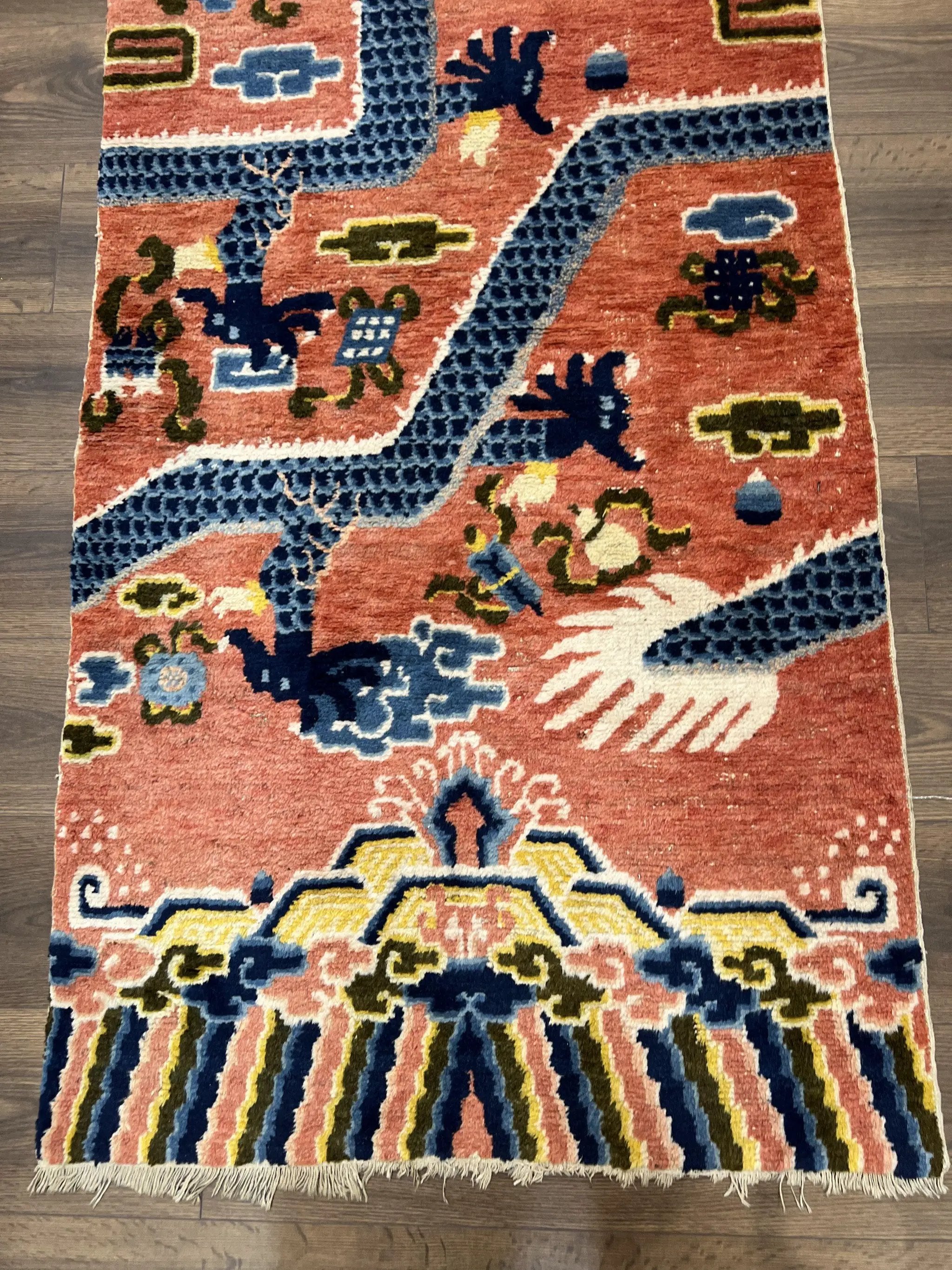 Rare Chinese Ningxia Pillar Rug 3x8, Late Qing Dynasty, 5 Clawed Dragon, Cloud Rainbow Border, Collectible Antique Carpet, Wool Hand Knotted by Jewel Rugs
