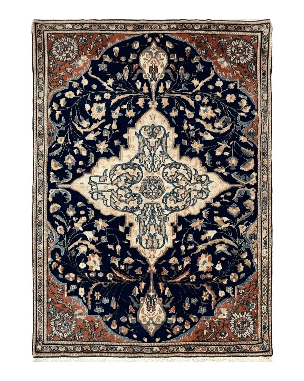 Antique Persian Rug 3.5 x 5, Sarouk Farahan Rug, High Quality 1920s Fine Oriental Carpet 3 x 5 ft, Large Medallion, Floral, Navy Blue Red, Hand Knotted Wool Rug by Jewel Rugs