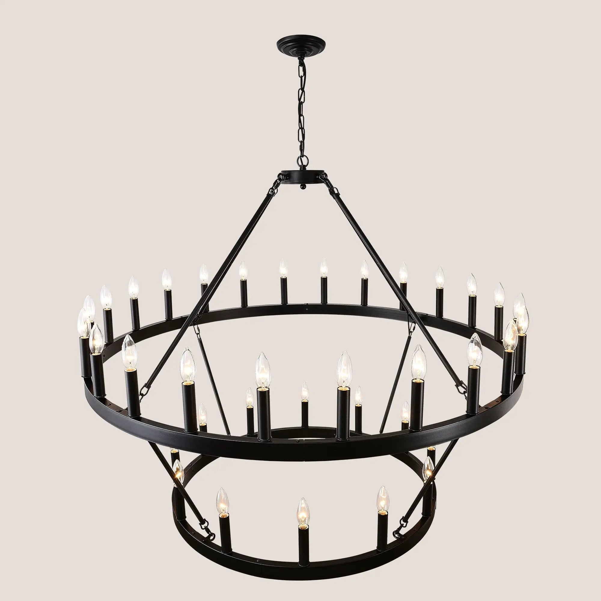2 Tiers Wagon Wheel Chandelier Wooden Farmhouse 36 Light (24 / 12) Or (12 / 24) Metal Chandeliers 2 Story Light Fixtures Industrial For High Ceiling Living Dining Room Foyer, Adjustable Height - Black by HouseOfZazla