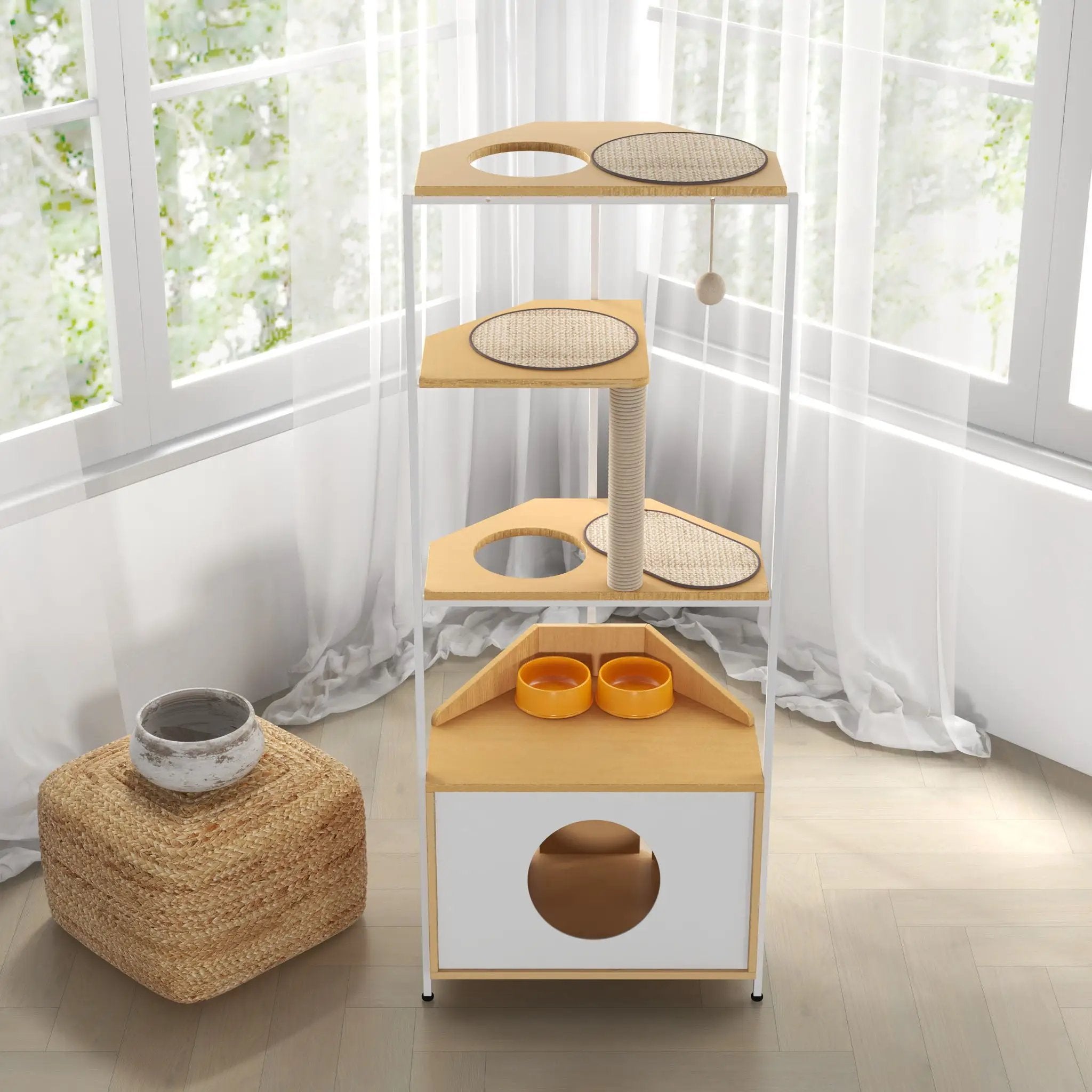 Corner Cat Tower, Cat Tree With Scratching Post, Cat Condo With Feeding Station And Climbing Platforms, Pet Furniture For Indoor Cats - White / Light Oak by HouseOfZazla