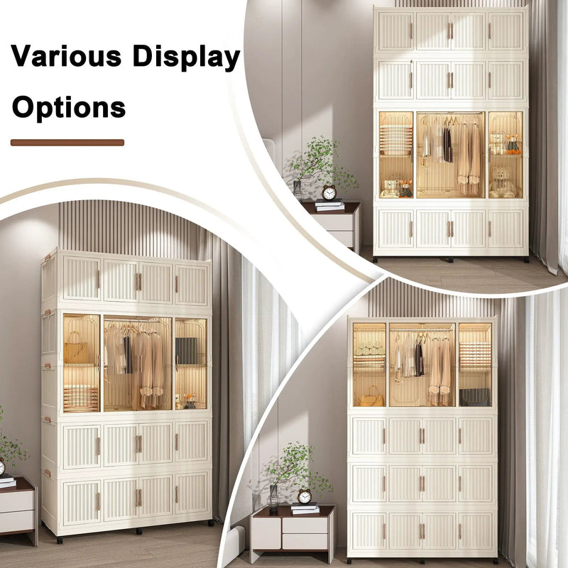 Portable Wardrobe Closet Storage Organizer With 17 Magnetic Doors, 17 Cubes, Hanging Rod & 6 Hangers - Creamy White by Unique Piece Furniture
