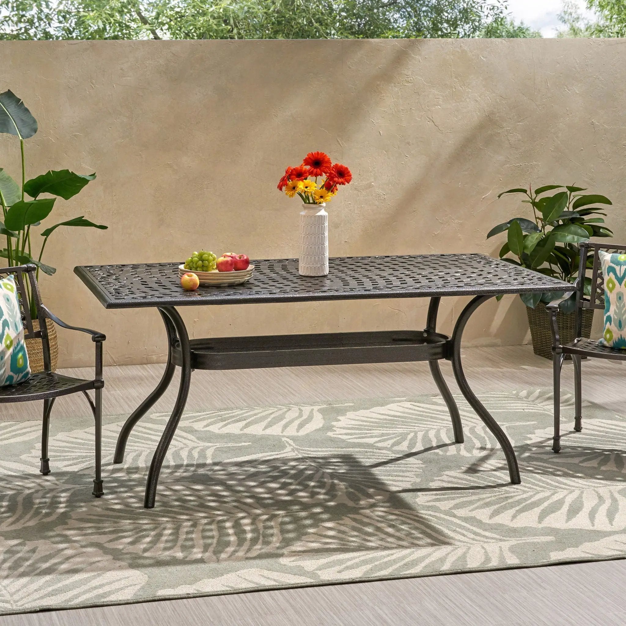 Celestine Outdoor Cast Aluminum Dining Table with Floral Lattice Design and Umbrella Holder by HouseOfZazla