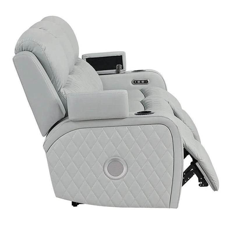 Elonzo - Power Motion Sofa With LED, Power Headrest & Speaker - Light Gray by Unique Piece Furniture