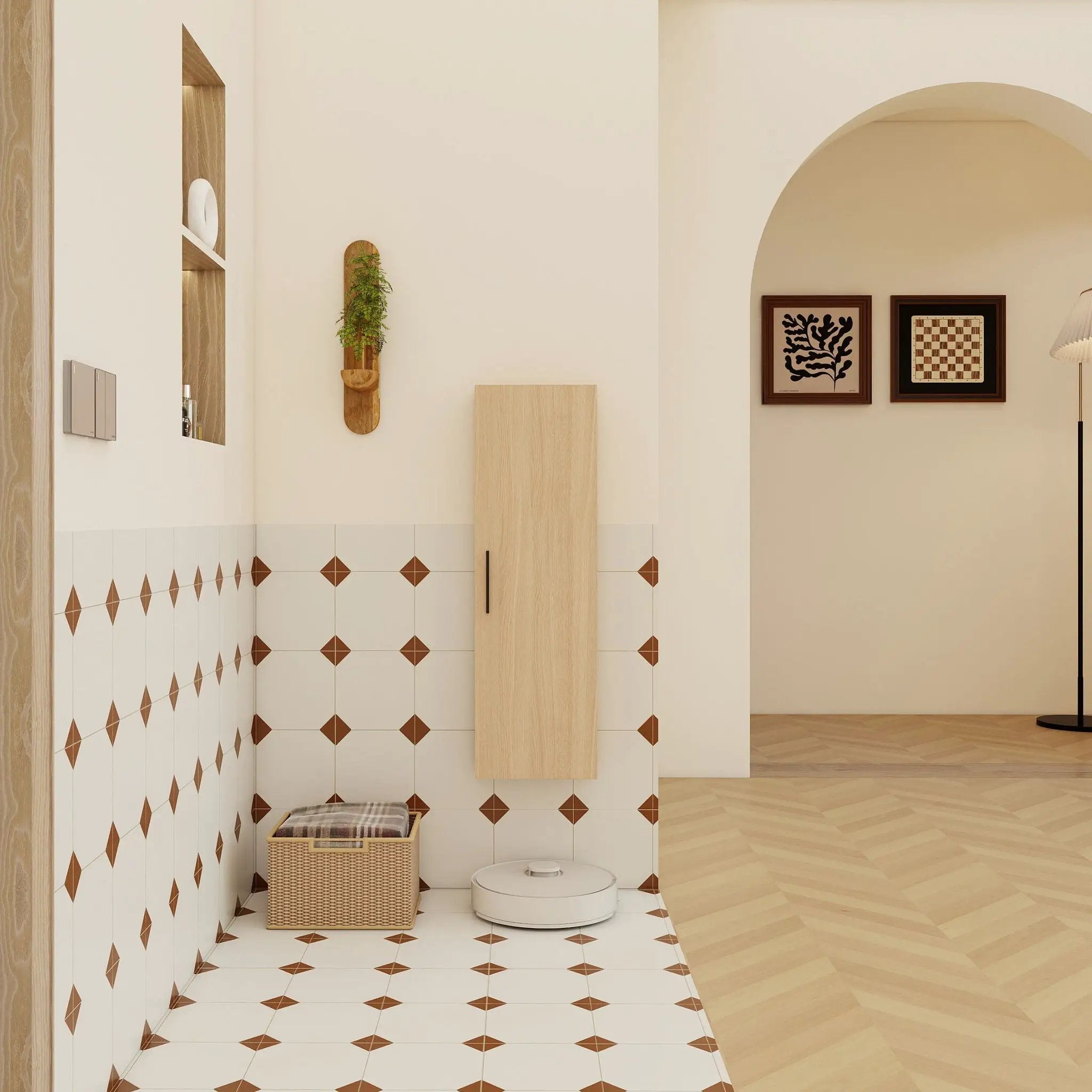 Tall Floating Bathroom Side Cabinet, Wall Mounted Single Door Storage - Light Oak by Unique Piece Furniture