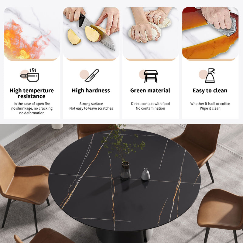 Modern Artificial Stone Round Carbon Steel Base Dining Table, Can Accommodate 6 People - Black / Gold by HouseOfZazla