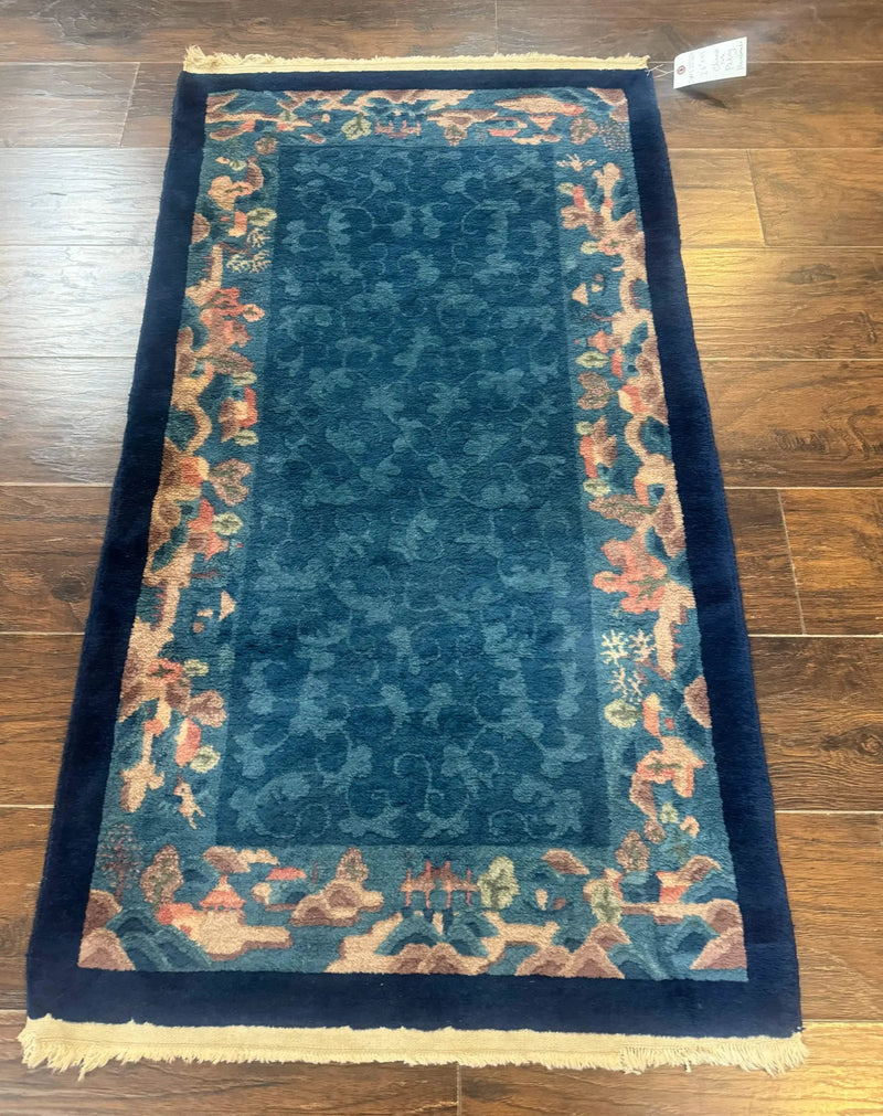 Blue Chinese Wool Rug 2.5 x 4, Peking Rug, Fete Rug, Semi Antique Chinese Carpet by Jewel Rugs