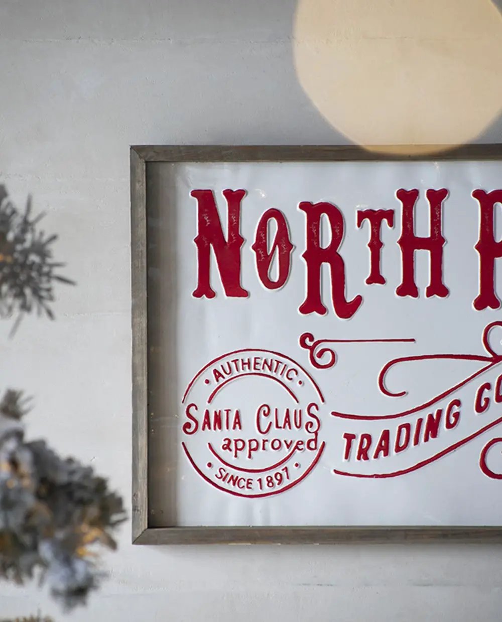 Iron / Wood North Pole Trading Company Wall Sign, For Christmas Holiday Table Wall Decor - White / Red by HouseOfZazla