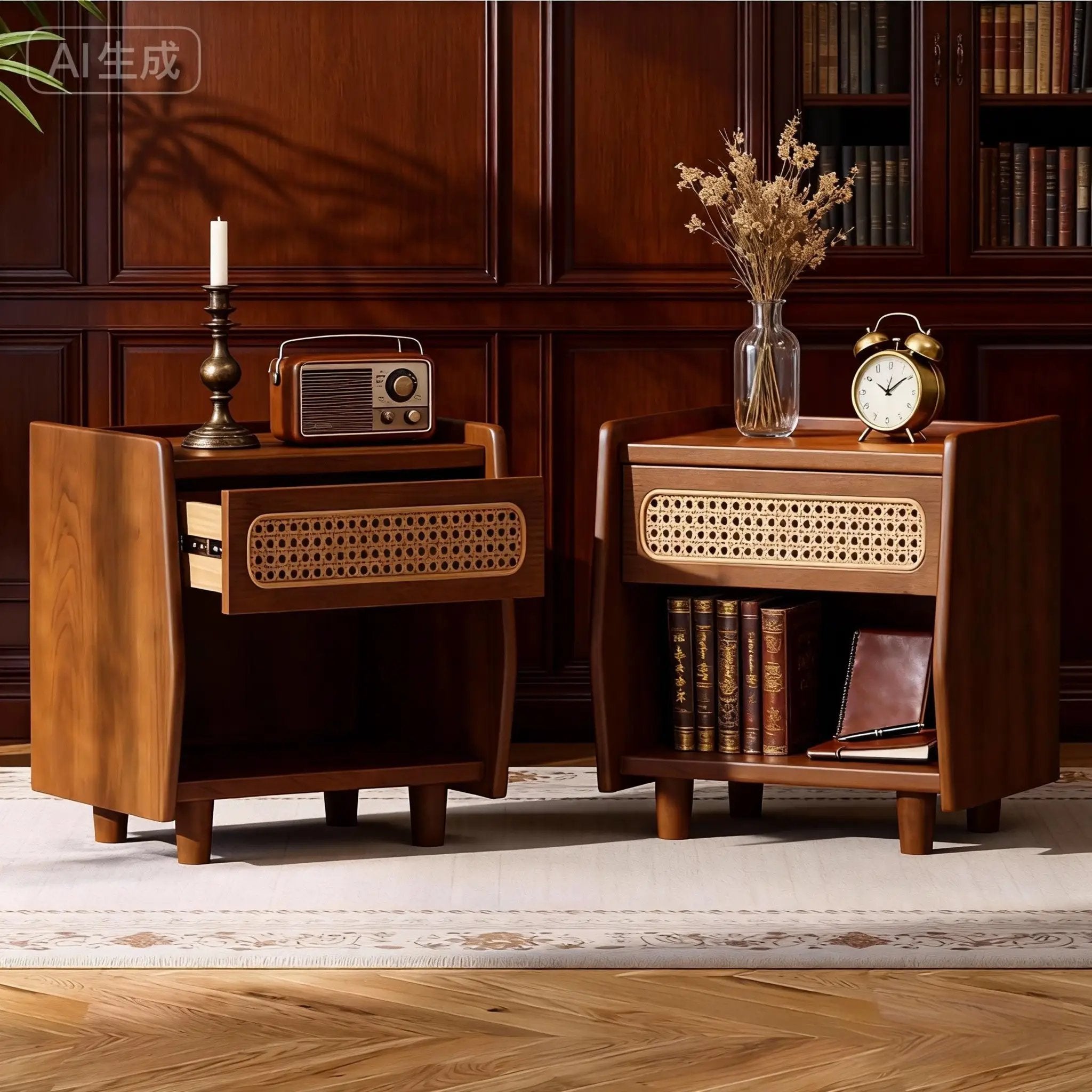 Walnut Nightstand with Rattan Detail, MDF + Solid Wood by HouseOfZazla