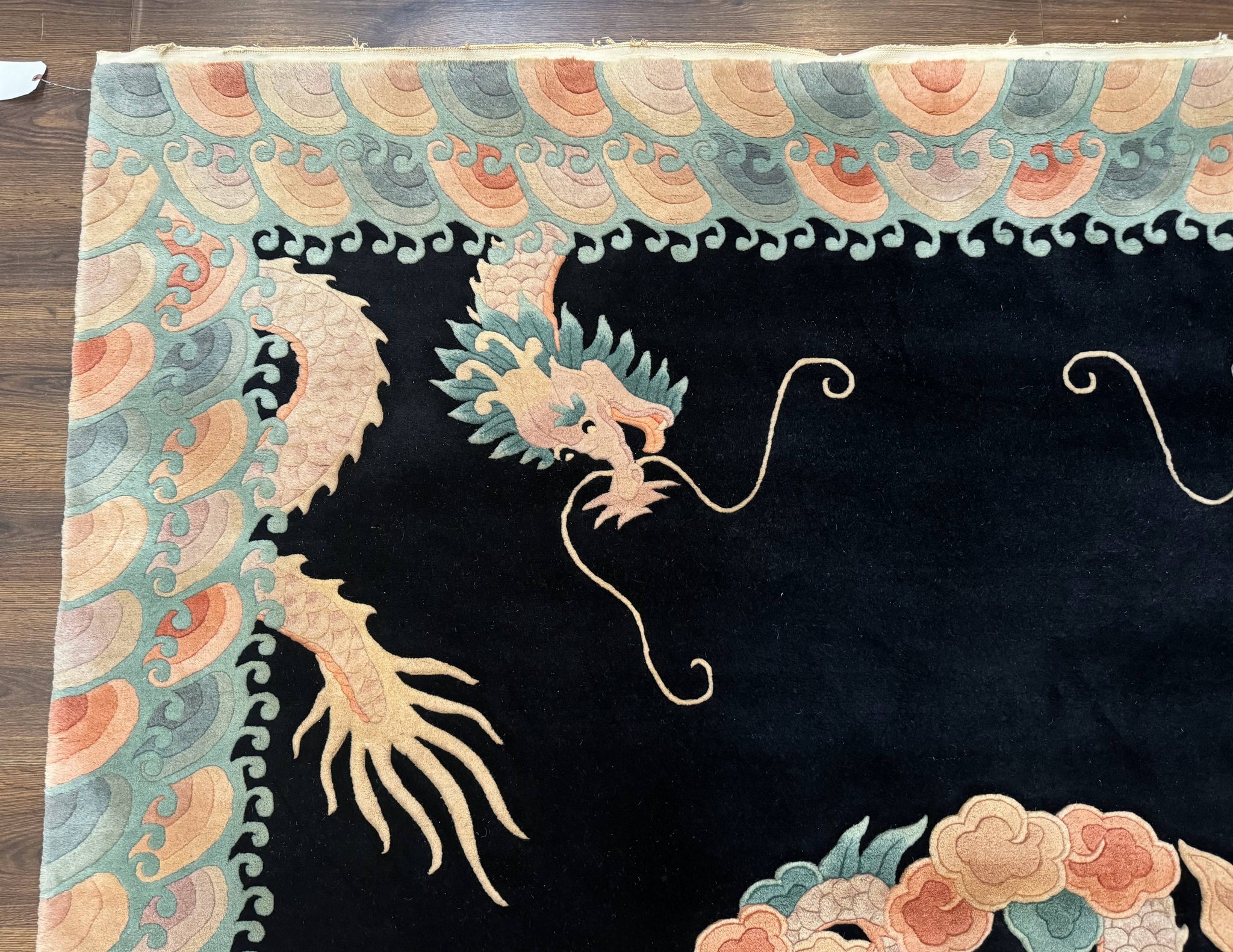 Black Chinese Wool Rug 8x10 with Dragons, Rainbow Borders, Rare by Jewel Rugs