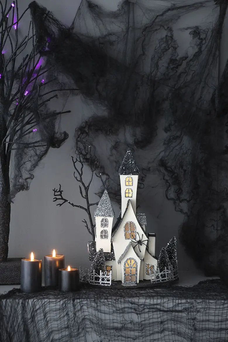 Cardboard Lighted Haunted House, Tabletop Holiday Halloween Decor, Battery Powered - Beige / Black by Unique Piece Furniture