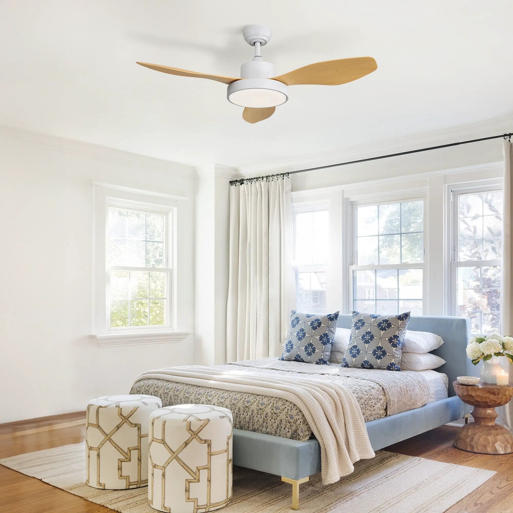 Ceiling Fan With 22W LED Light And Remote Control 6 Speeds Reversible DC Motor For Living Room - White by Unique Piece Furniture