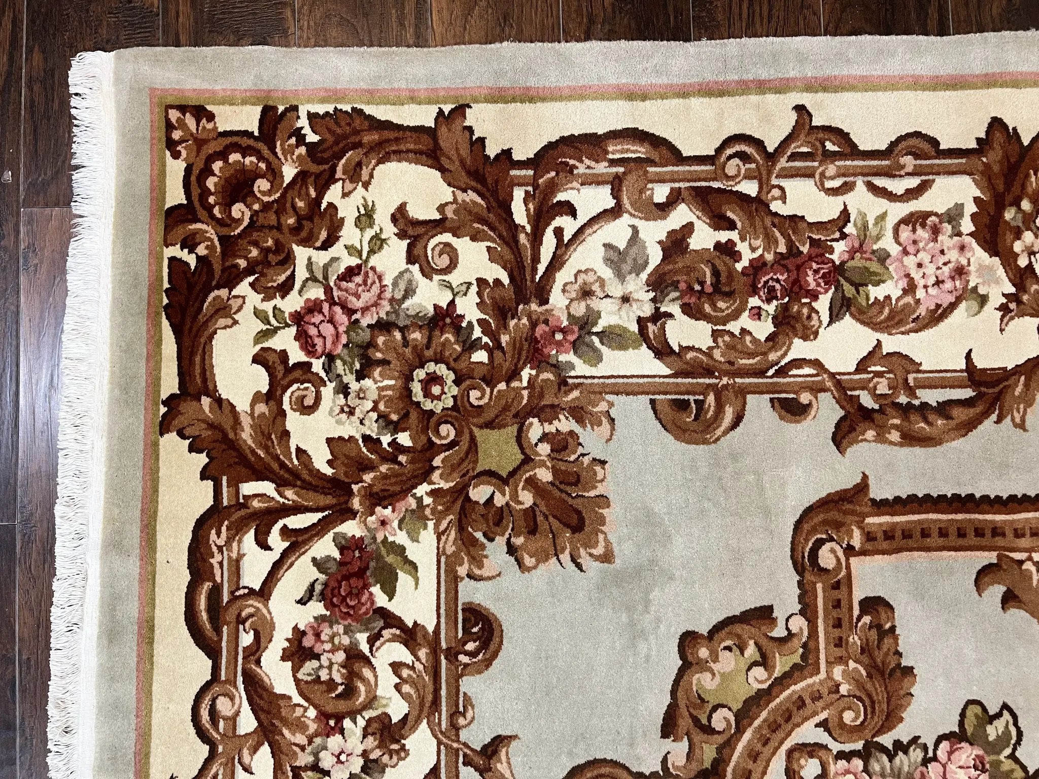 Aubusson Rug 10x13, Cream and Light Mint Green Hand Knotted Handmade French Savonnerie European Carpet, Wool Pile, Large Room Sized Vintage by Jewel Rugs