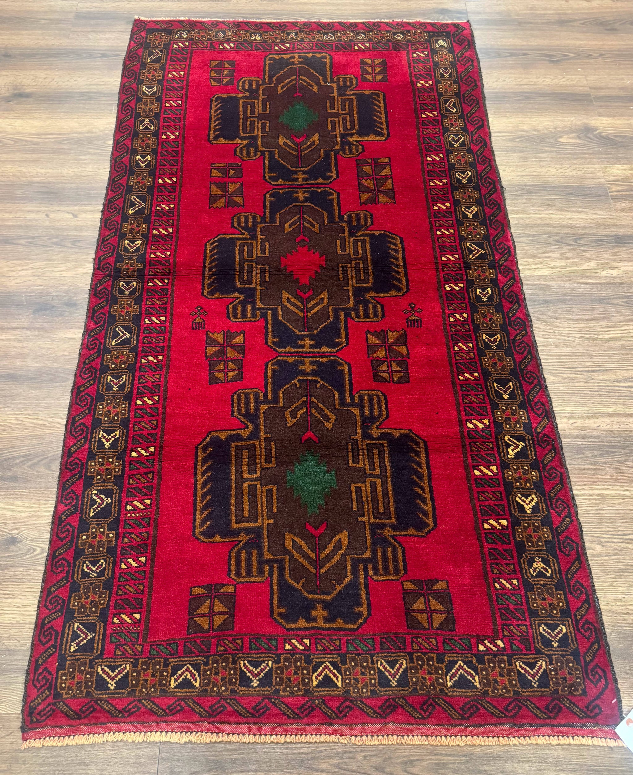 Red Afghan Balouch Rug 4x7, Triple Medallions, Handmade, New by Jewel Rugs