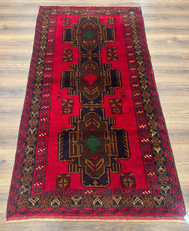 Red Afghan Balouch Rug 4x7, Triple Medallions, Handmade, New by Jewel Rugs