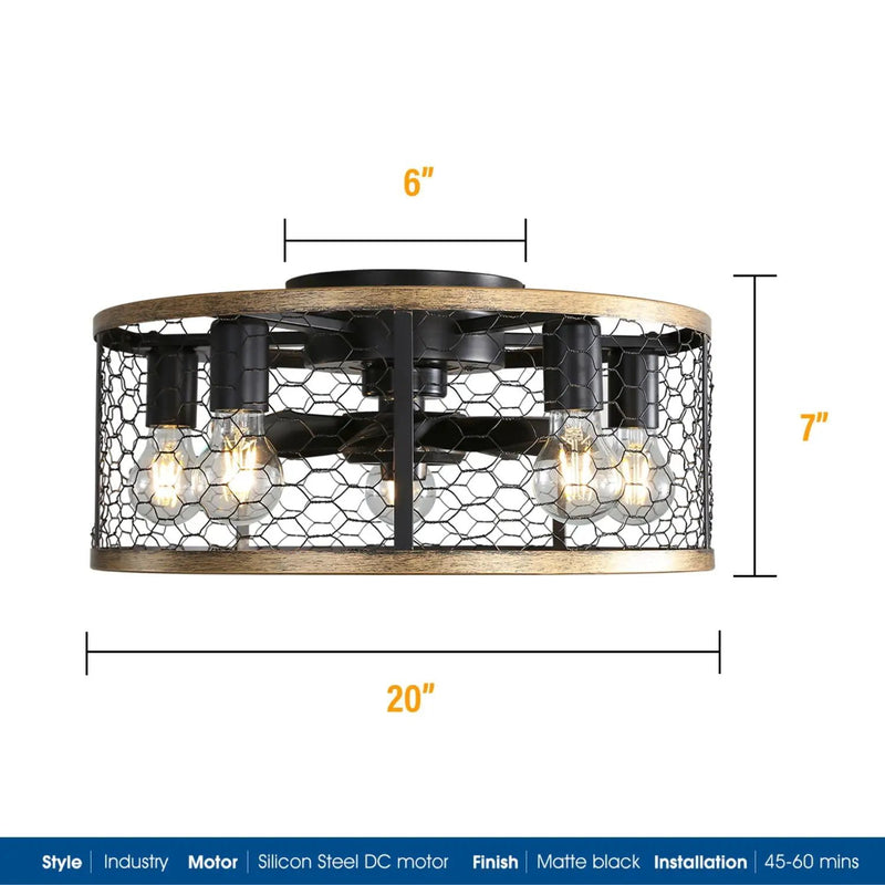 20" Industrial Caged Ceiling Fan, With 7 - ABS Blades Remote Control Reversible DC Motor, Small Flush Mount Ceiling Fan For Farmhouse - Black by HouseOfZazla