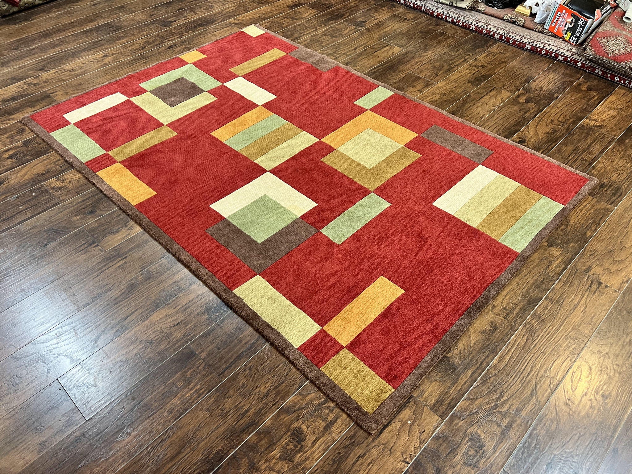 Indo Tibetan Modern Rug 5x8, Abstract Rug 5 x 8 ft, Red Multicolor Wool Handmade Contemporary Area Rug by Jewel Rugs