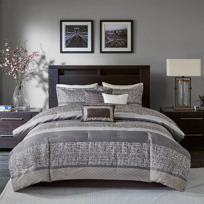 7 Piece Jacquard Comforter Set Grey/Taupe Queen by HouseOfZazla