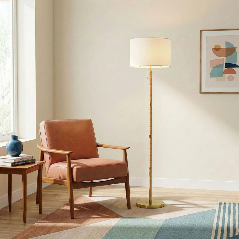 Stellar - Linen Shade Floor Lamp - Gold / Natural Wood / Rattan / White by Unique Piece Furniture