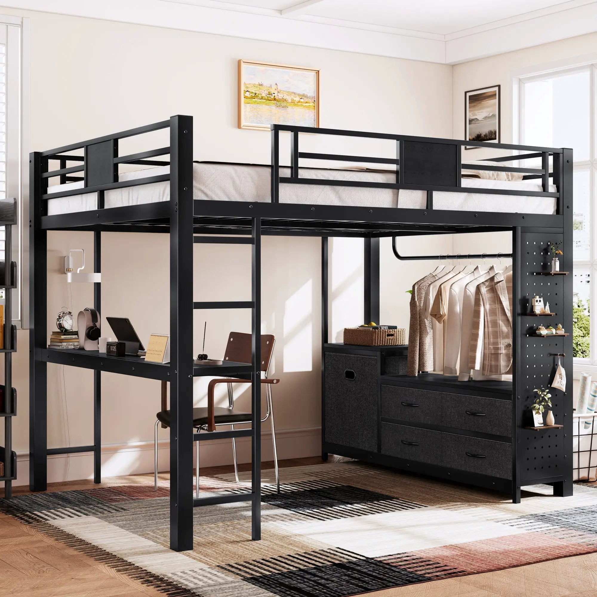 Queen Size Loft Bed with Desk & Shelves by HouseOfZazla